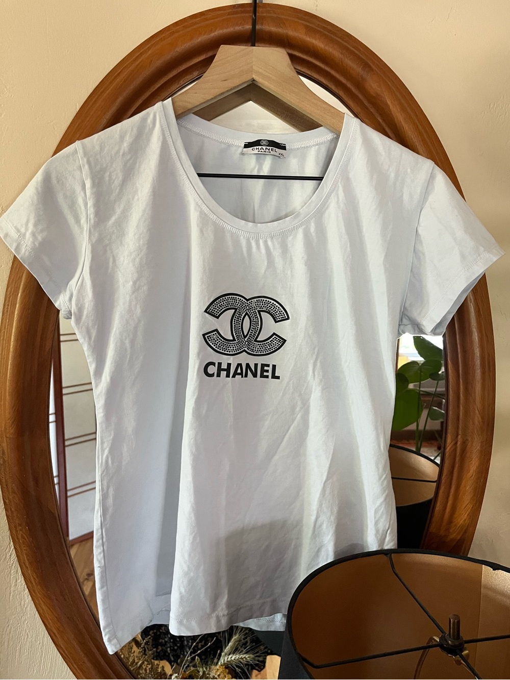 Classic Baby Blue Chanel Tee Black Sequined Logo